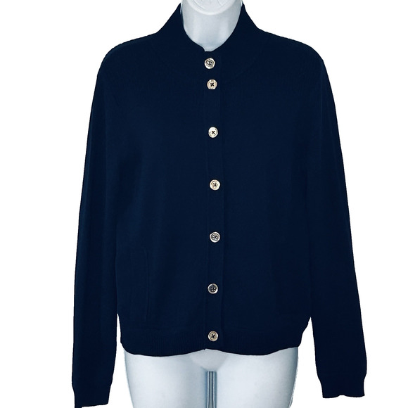 Jones New York Sweaters - Preppy Nautical Navy Cardigan Sweater Gold Buttons PM Mock Neck Ribbed Jones NY